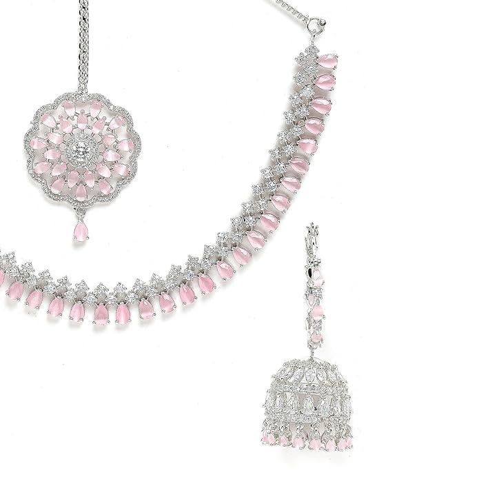 American Diamond Silver & Pink Necklace Set