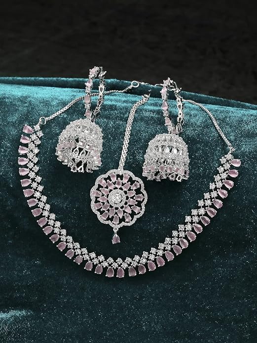 American Diamond Silver & Pink Necklace Set