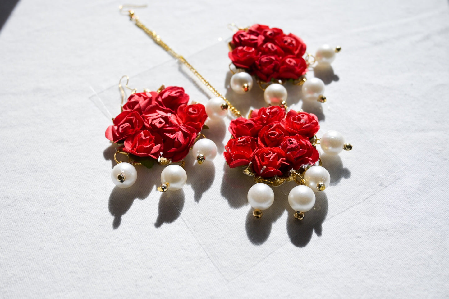 ‘Mona’ Floral Earring Tikka Set - Red