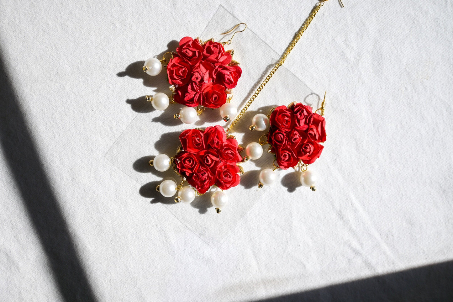 ‘Mona’ Floral Earring Tikka Set - Red