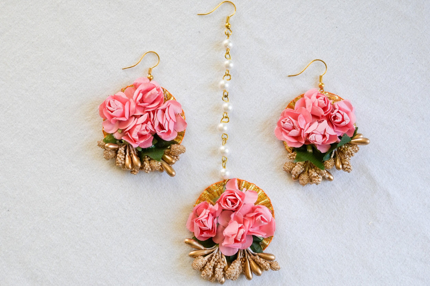 ‘Piya’ Floral Earring Tikka Set - Pink