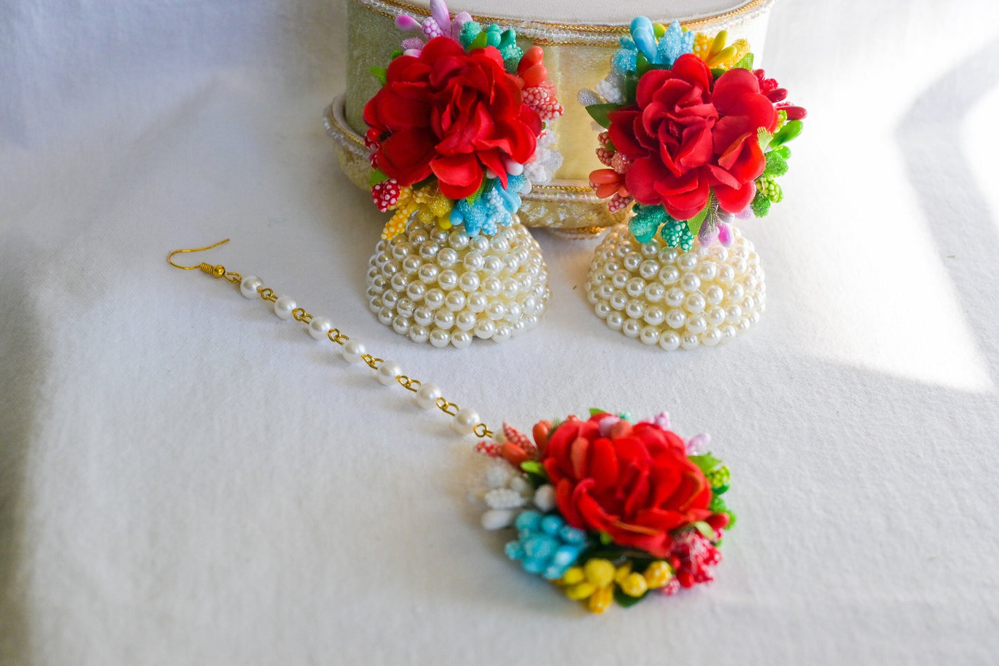 Floral Earring Tikka Set - Red Multicolour