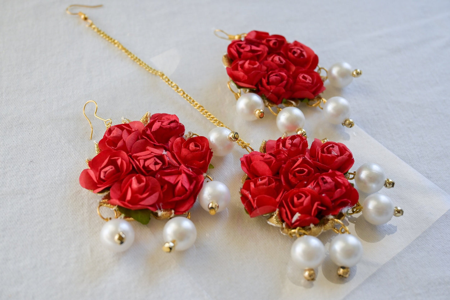 ‘Mona’ Floral Earring Tikka Set - Red