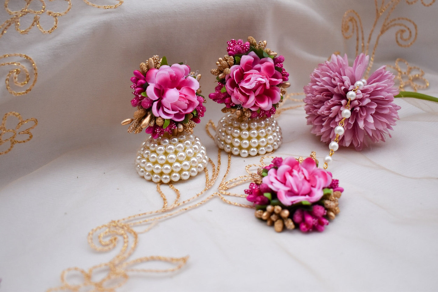 Floral Earring Tikka Set - Pink