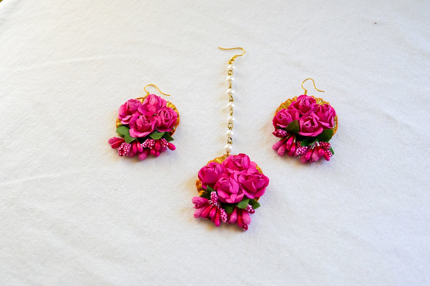 ‘Piya’ Floral Earring Tikka Set - Hot Pink