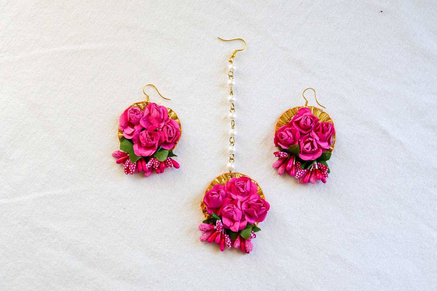 ‘Piya’ Floral Earring Tikka Set - Hot Pink