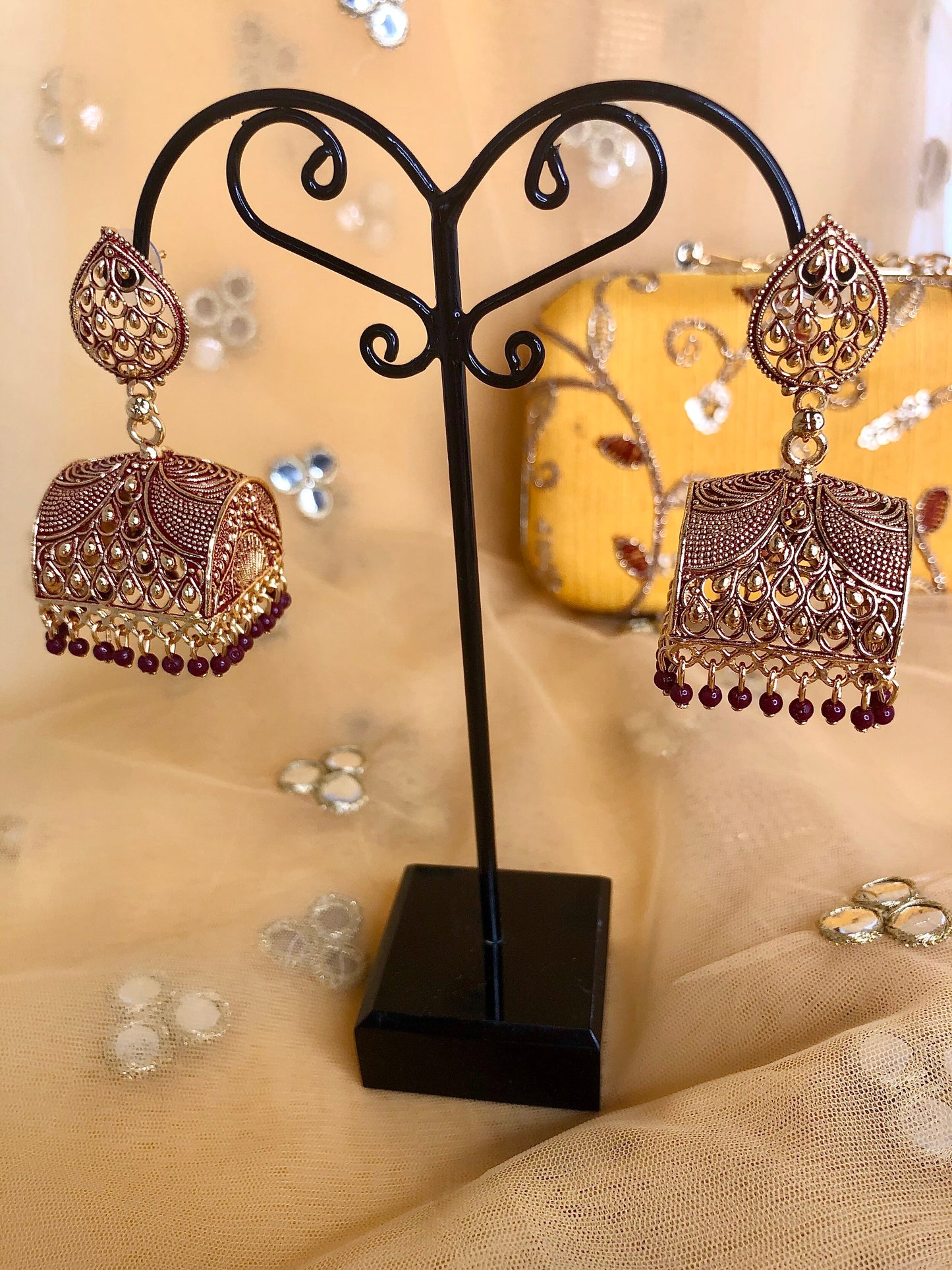 Square Jhumkis - Burgundy