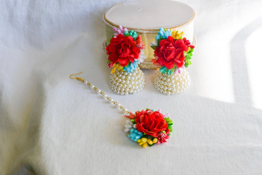 Floral Earring Tikka Set - Red Multicolour