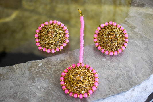 Studs Earring Tikka Set - Pink