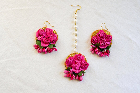 ‘Piya’ Floral Earring Tikka Set - Hot Pink