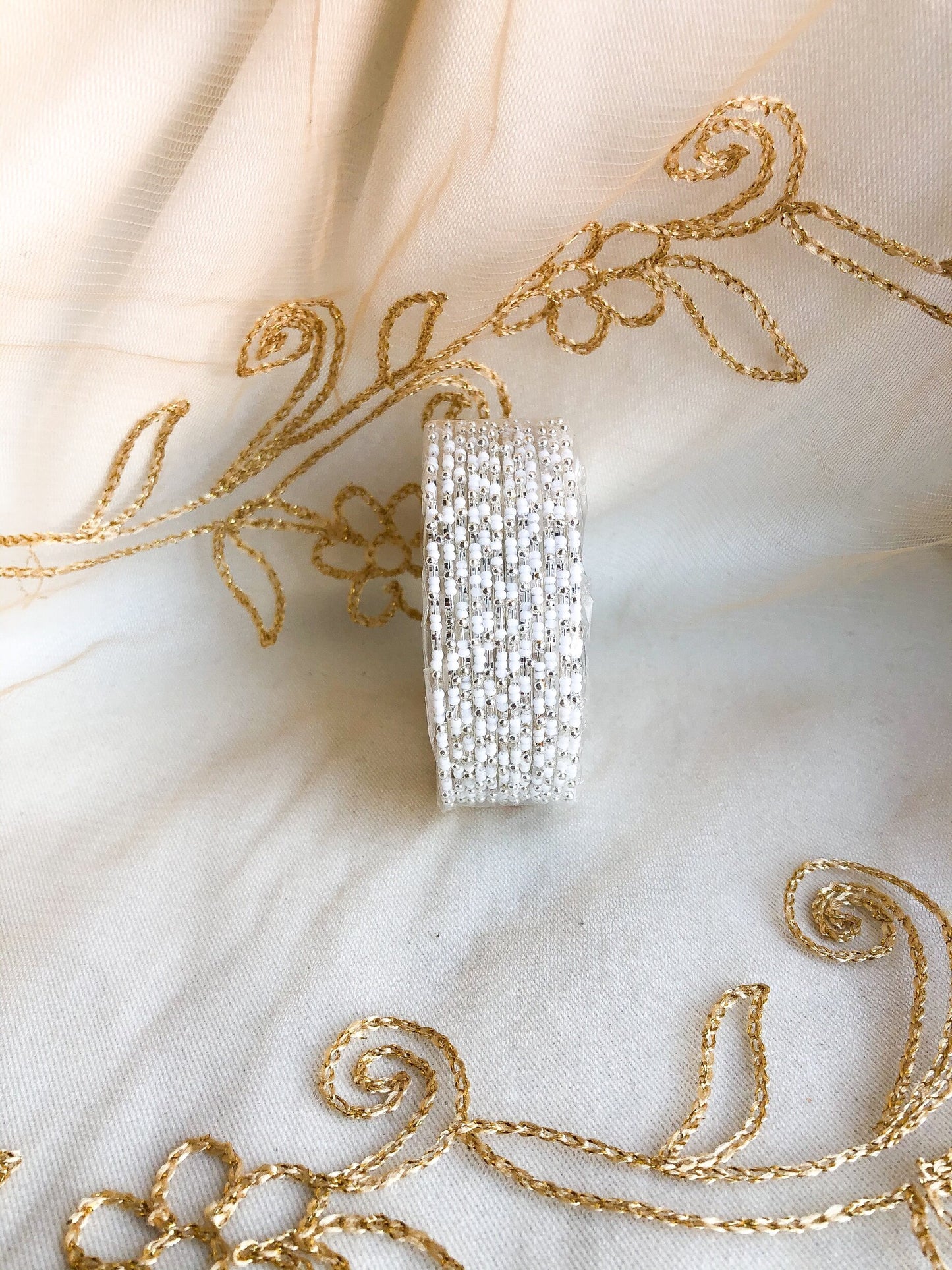 White and Silver beaded bangles - 12 pack