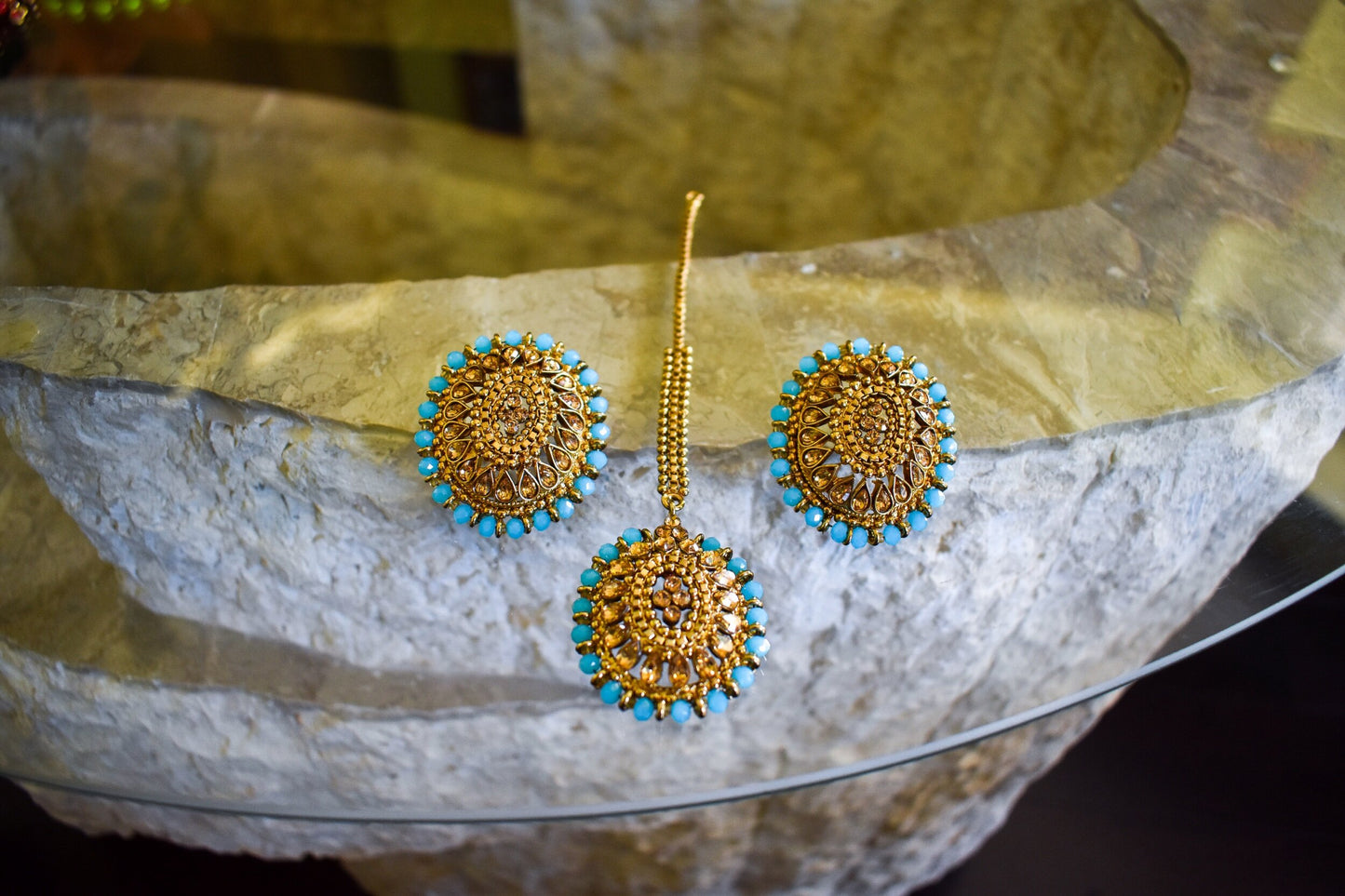 Studs Earring and Tikka Set - Blue