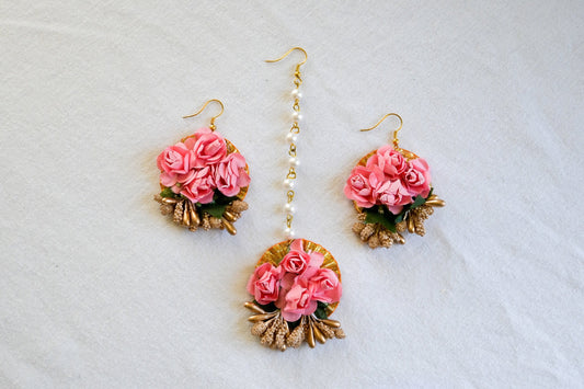 ‘Piya’ Floral Earring Tikka Set - Pink