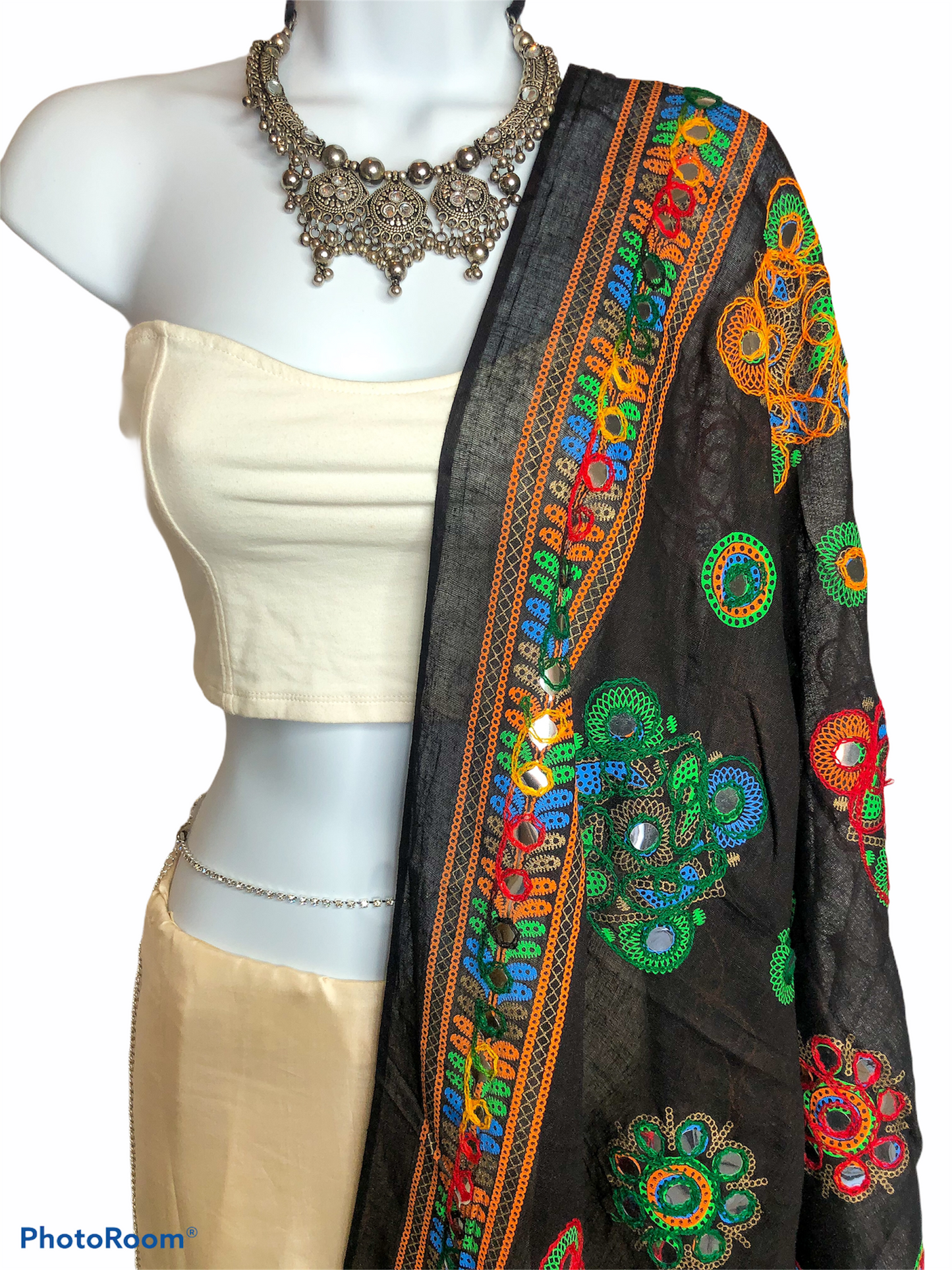 Black and Multicolour Cotton Dupatta