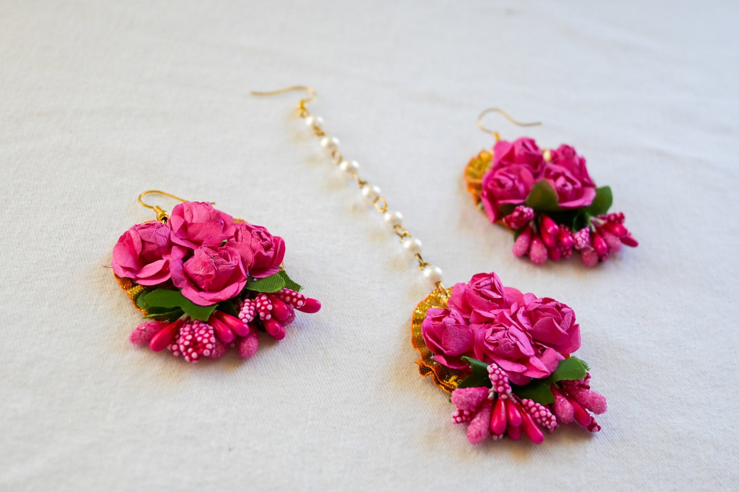 ‘Piya’ Floral Earring Tikka Set - Hot Pink