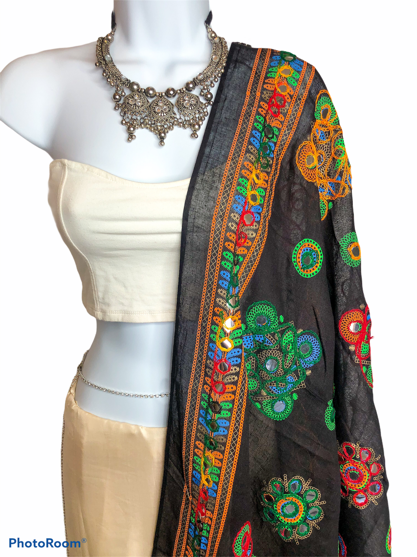 Black and Multicolour Cotton Dupatta