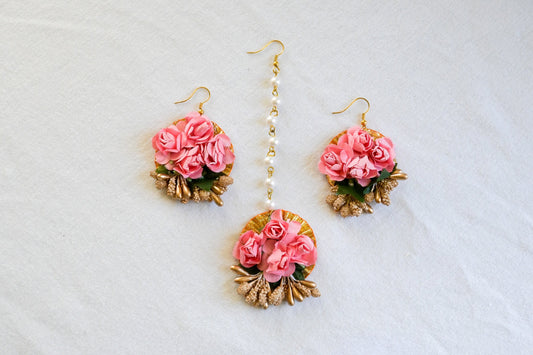 ‘Piya’ Floral Earring Tikka Set - Pink
