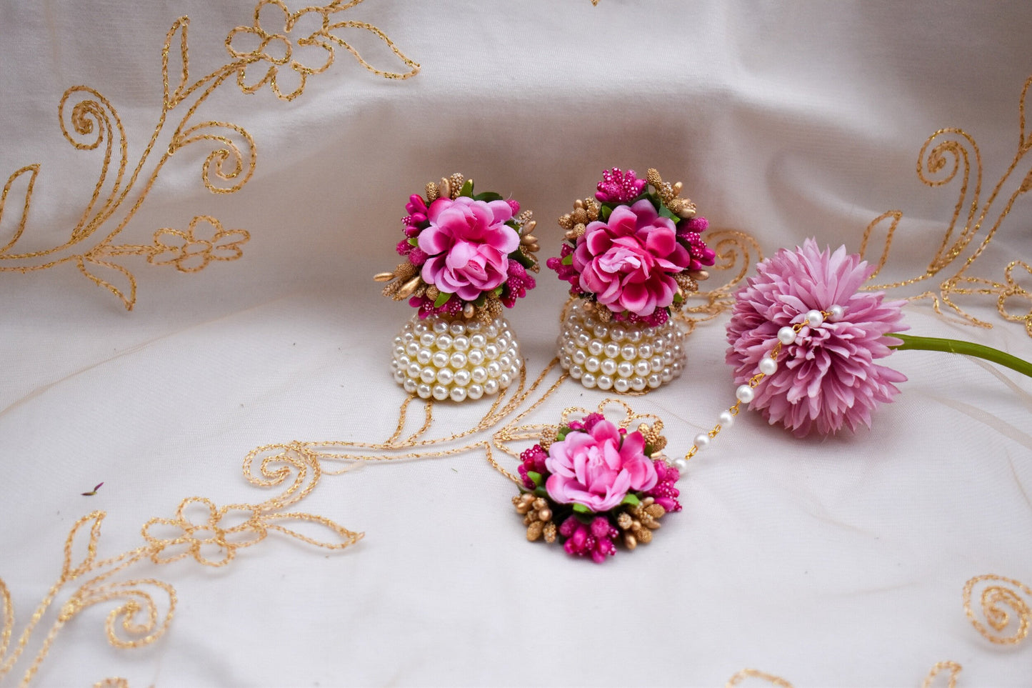 Floral Earring Tikka Set - Pink