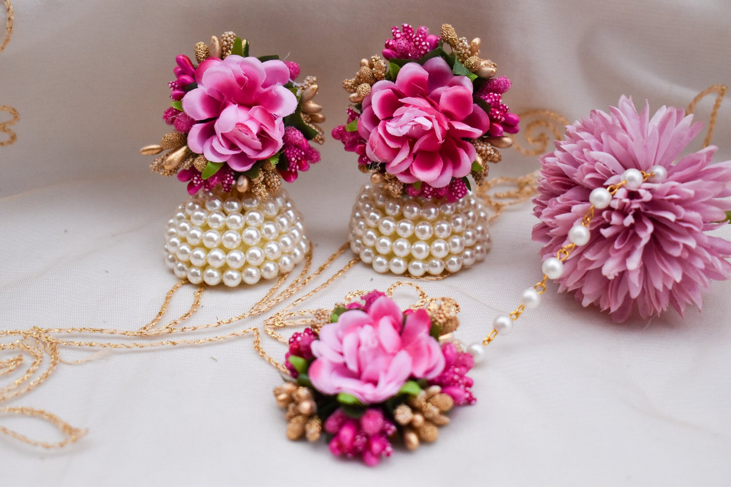 Floral Earring Tikka Set - Pink