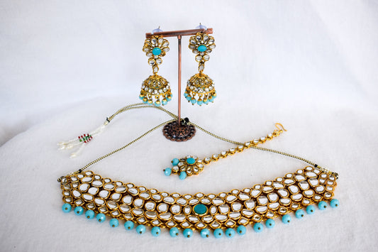 ‘Mahi’ Kundan Full Set - Sky Blue