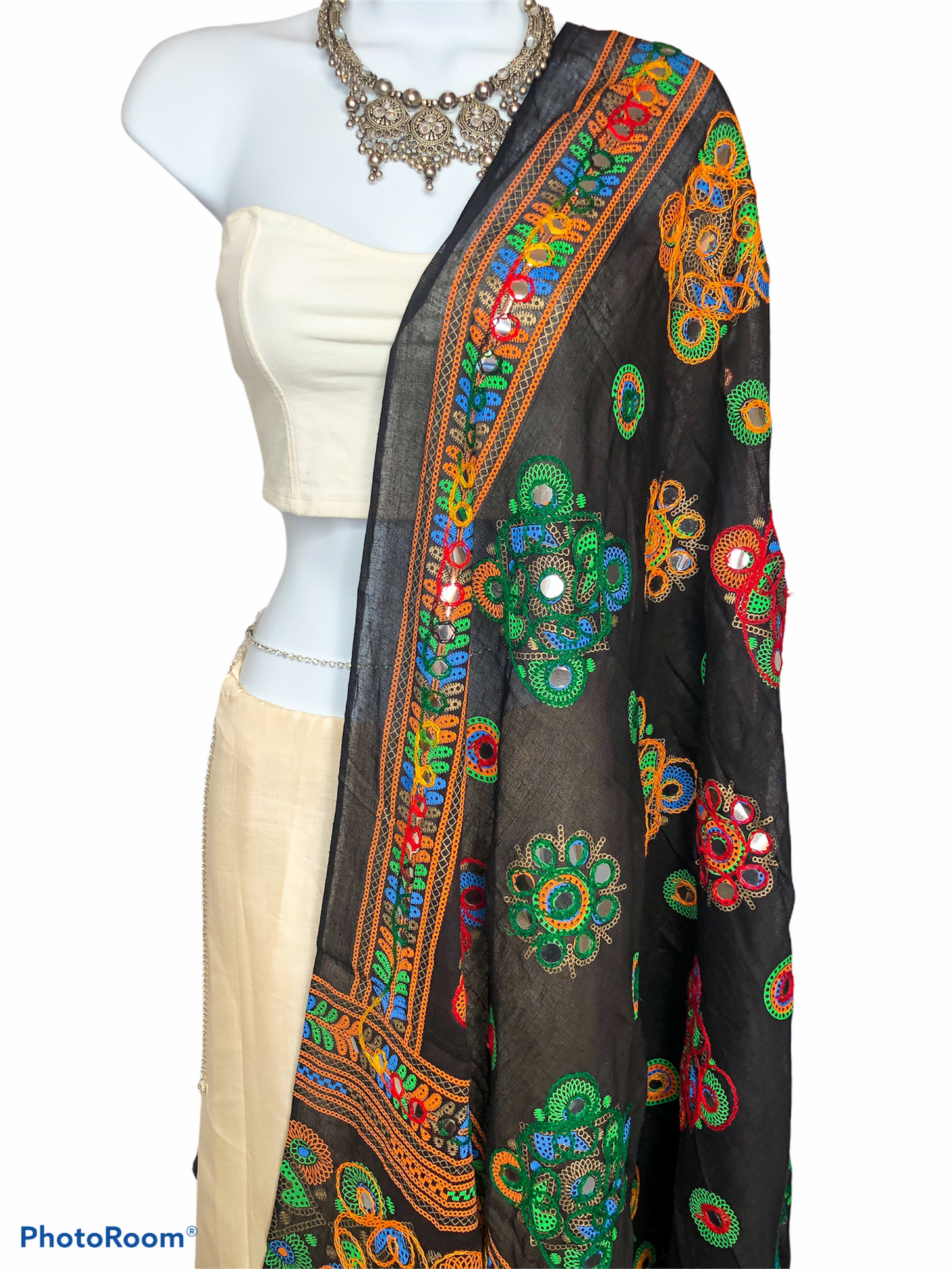 Black and Multicolour Cotton Dupatta