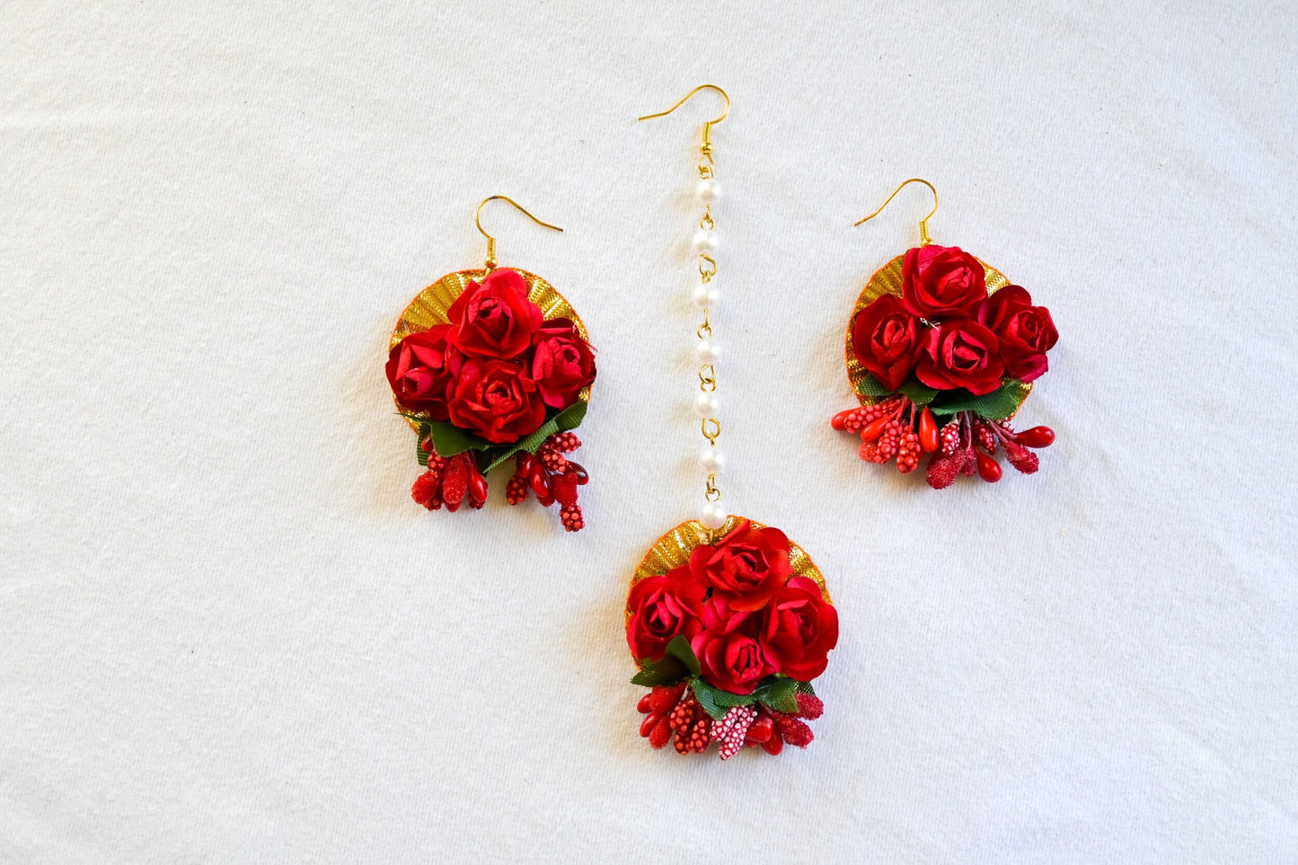 ‘Piya’ Floral Earring Tikka Set - Red