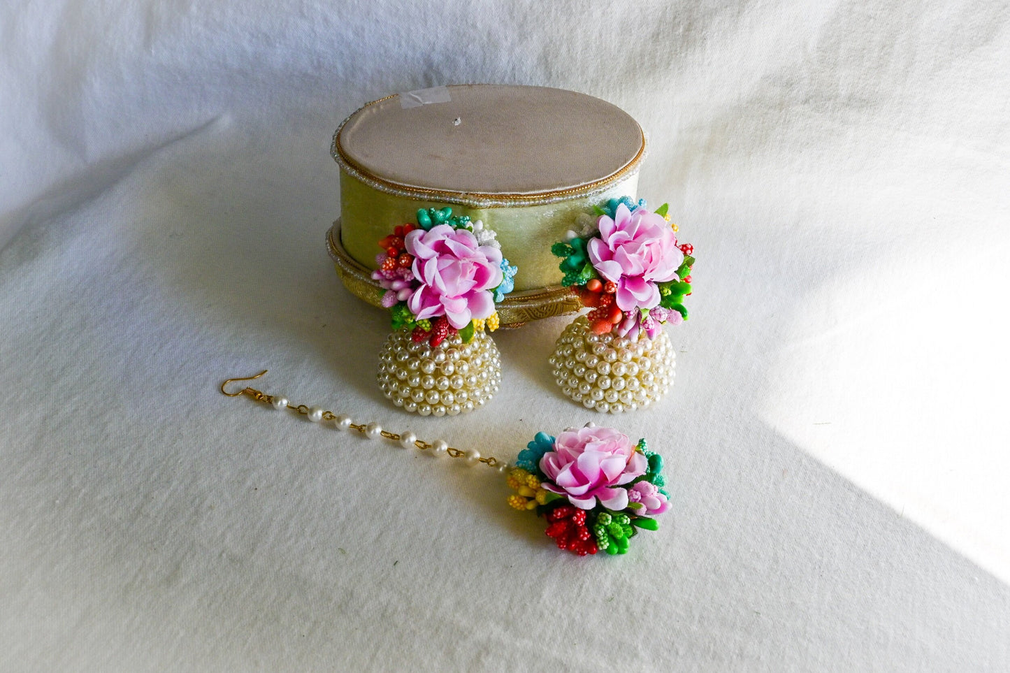 Floral Earring Tikka Set - Pink and Multicolour