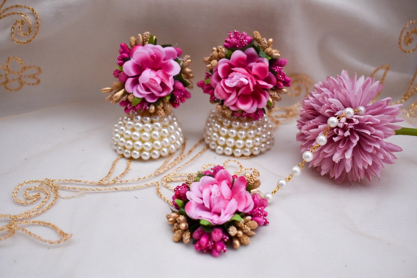 Floral Earring Tikka Set - Pink