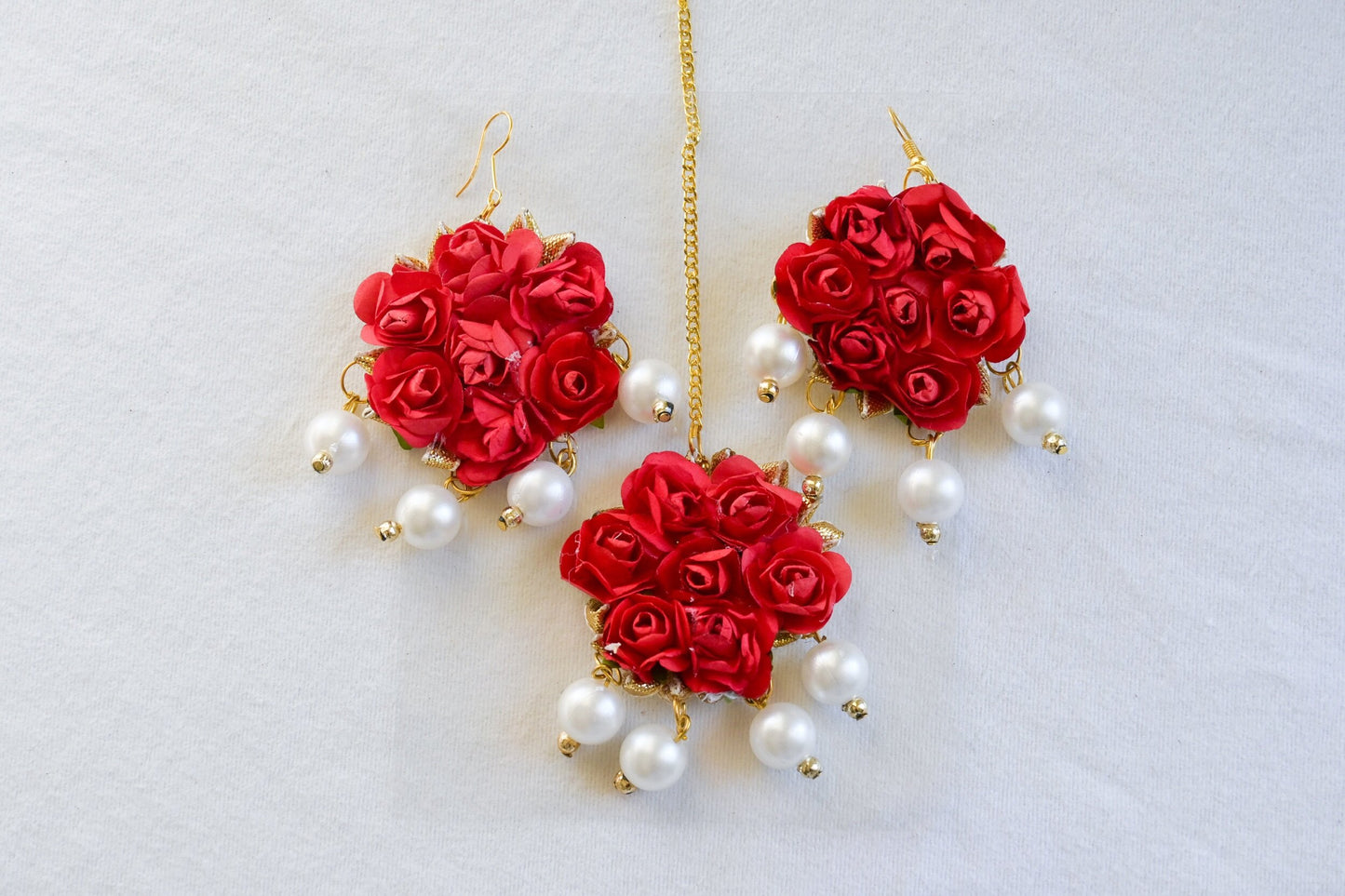 ‘Mona’ Floral Earring Tikka Set - Red