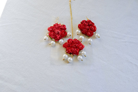 ‘Mona’ Floral Earring Tikka Set - Red