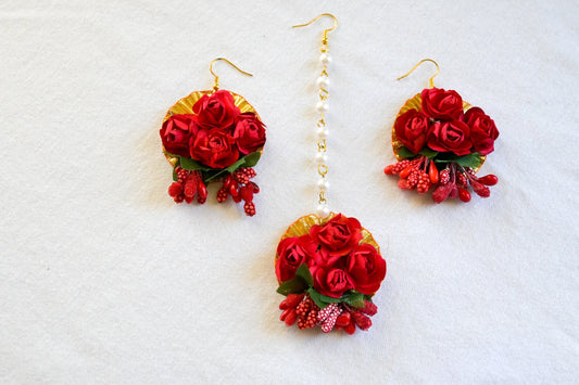 ‘Piya’ Floral Earring Tikka Set - Red