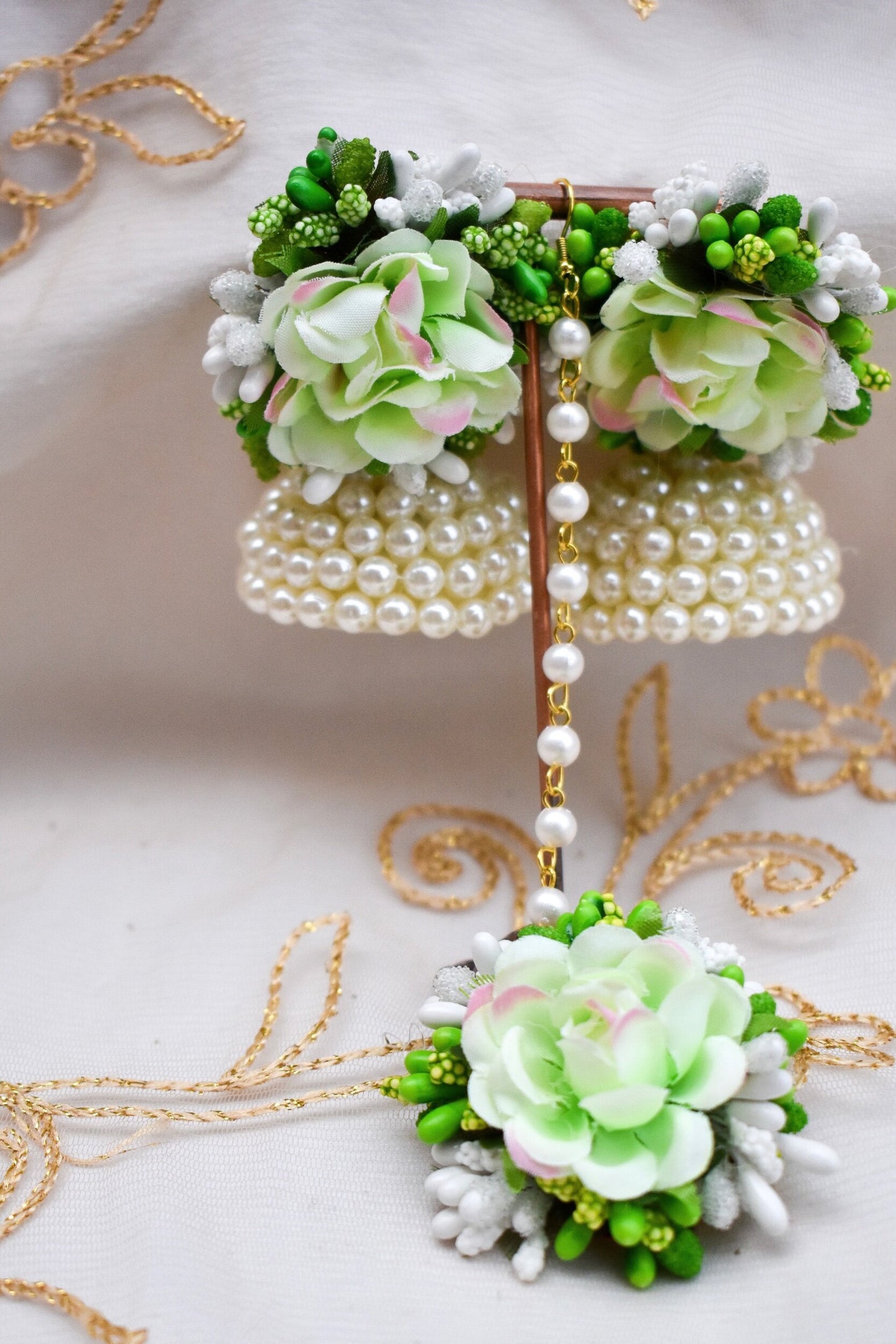 Floral Earring Tikka Set - Mint