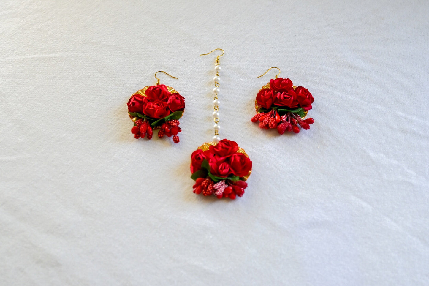 ‘Piya’ Floral Earring Tikka Set - Red
