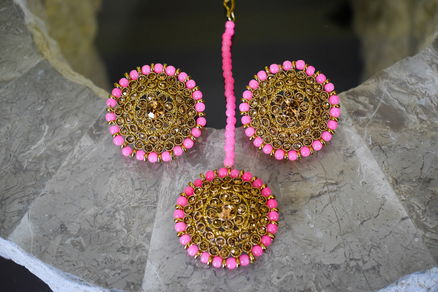 Studs Earring Tikka Set - Pink