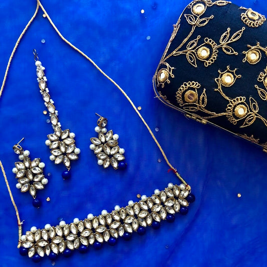 'Kyra' Kundan Choker Set - Blue